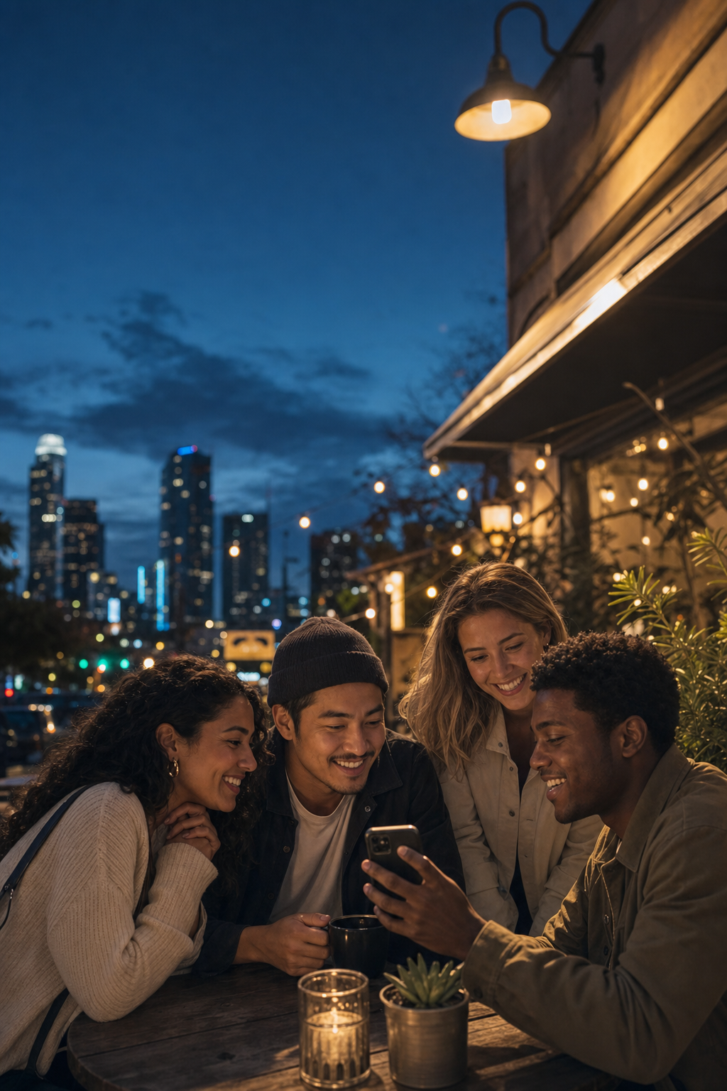 Synthetic example of friends meeting at a city café